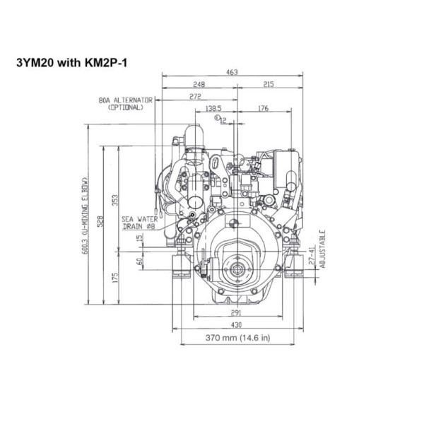 21 hp Yanmar 3YM20, KM2P 2.21:1