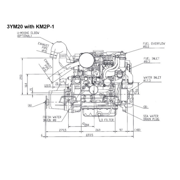 21 hp Yanmar 3YM20, KM2P 2.21:1