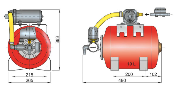 Pressure water pump 12 Volt expansion tank 19 ltr